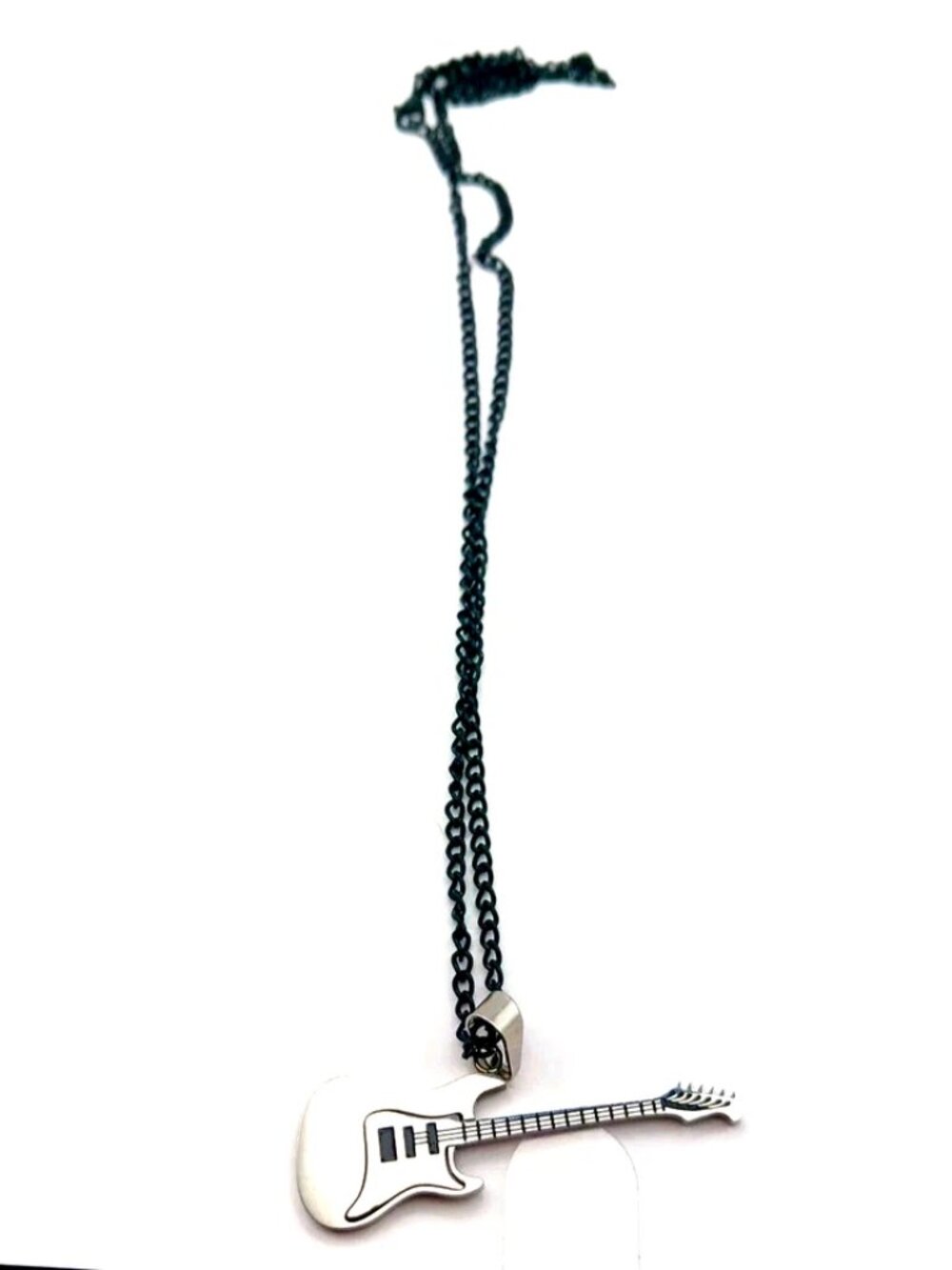 Guitar Silvertone Necklace On Black Chain 20"